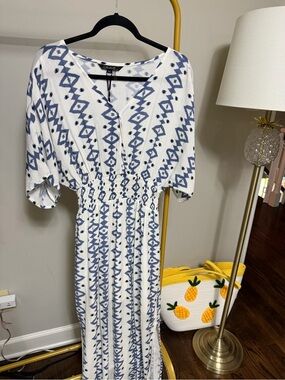 CHARLIE B White Maxi Dress with Blue Geometric Print